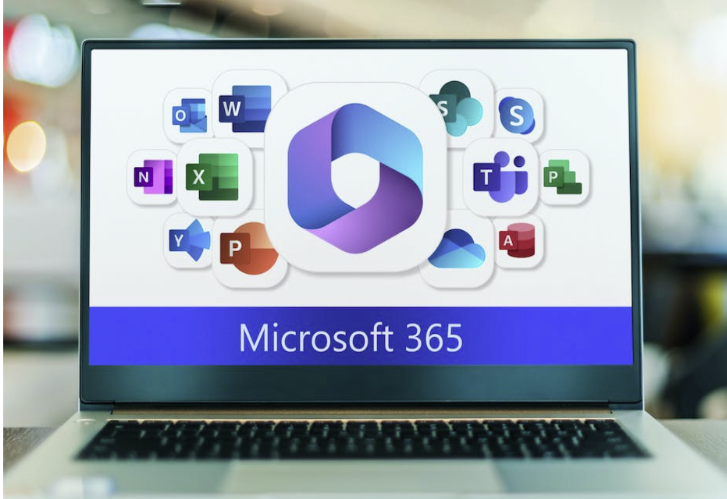 A laptop displaying MS365 Logos and Icons in brand colours