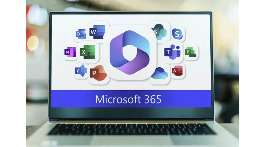 A laptop displaying MS365 Logos and Icons in brand colours